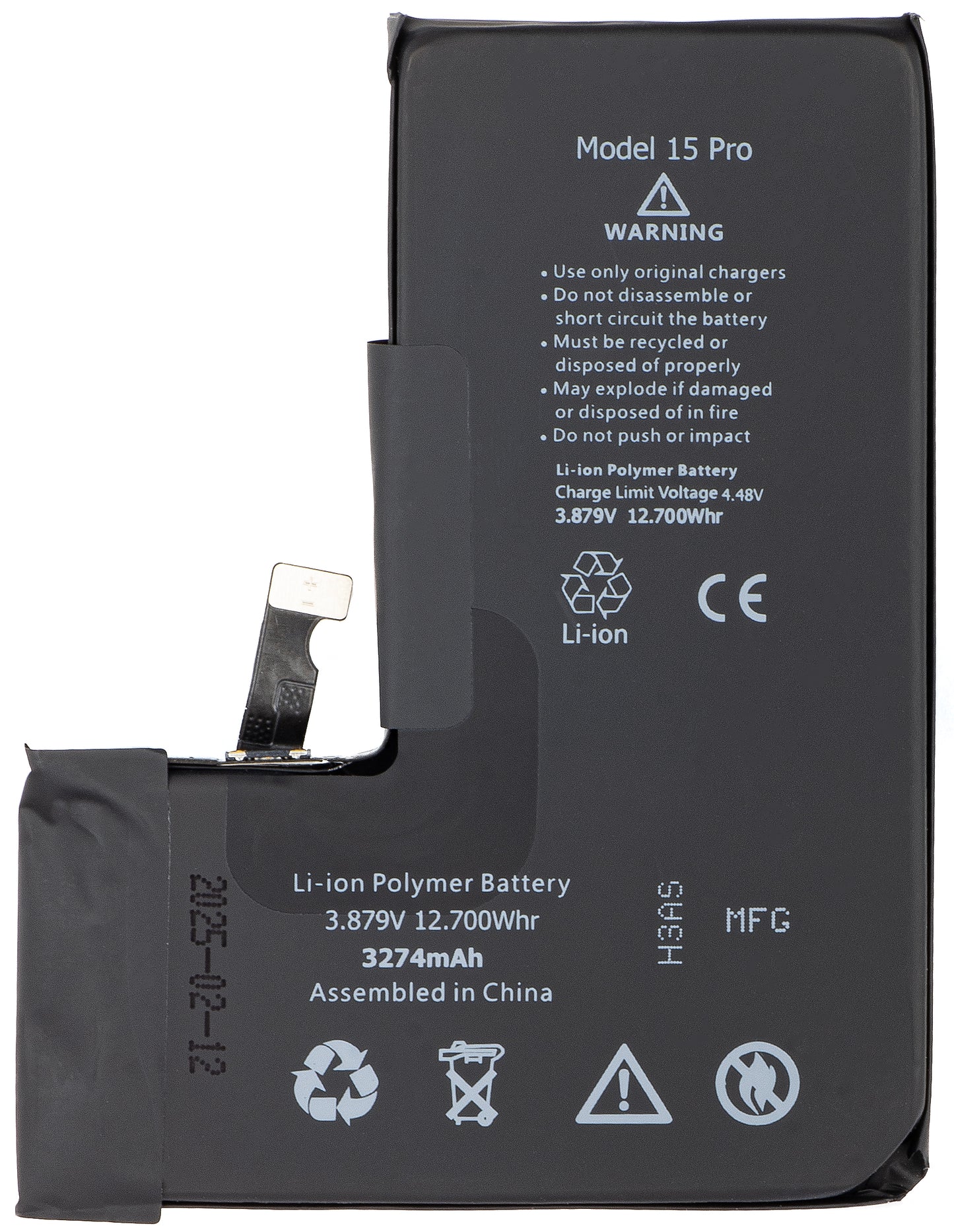Batterie Apple iPhone 15 Pro, avec intégration de la bande Flex BMS (ne nécessite pas de soudure des contacts)