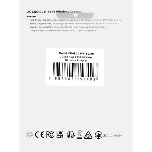 Adaptateur sans fil UGREEN CM492, bi-bande, 1300Mbps, gris