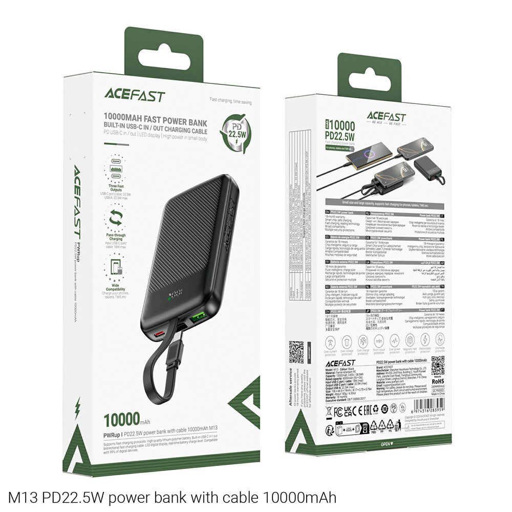 Batterie Externe Acefast M13, 10000mAh, 22.5W, QC + PD, 1 x USB-A - 2 x USB-C, Noire
