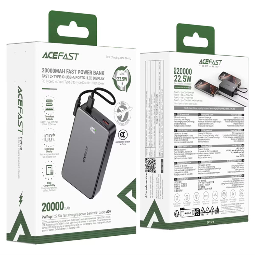 Batterie Externe Acefast M29, 20000mAh, 22.5W, QC + PD, 1 x USB-A - 2 x USB-C, Noire