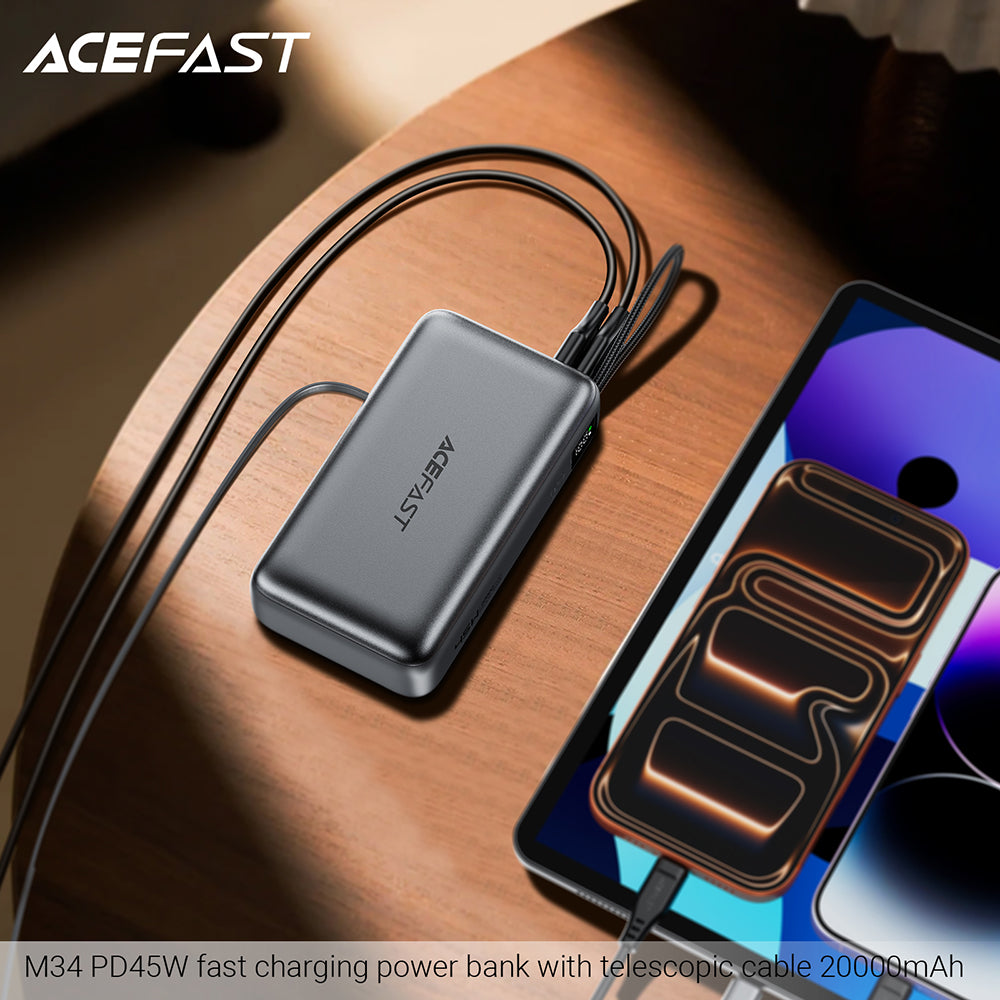 Batterie Externe Acefast M34, 20000mAh, 45W, QC + PD, 1 x USB-A - 2 x USB-C, Argentée