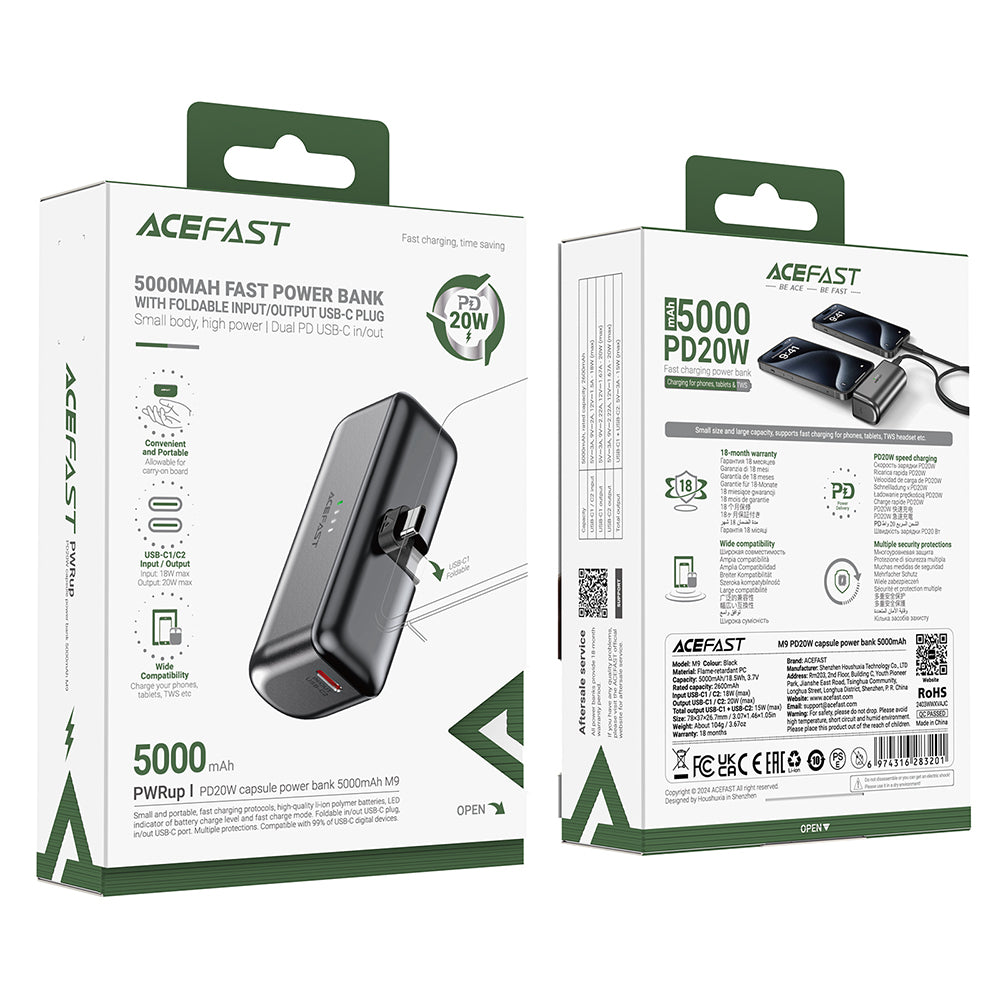 Batterie Externe Acefast M9, 5000mAh, 20W, PD, 2 x USB-C, Noire