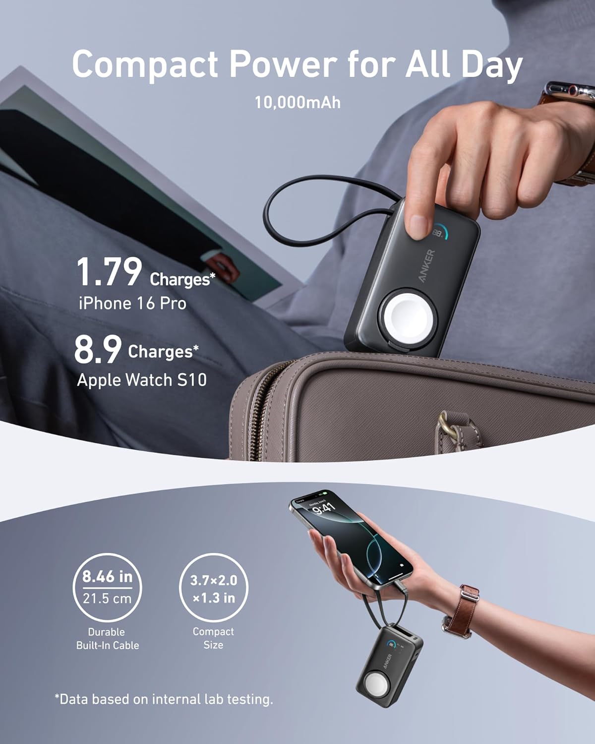 Anker MagGo Wireless External Battery, 10000mAh, 35W, PD + QI, 1 x QI - 2 x USB-C, Black A1657011