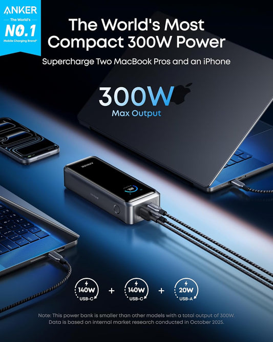 Batterie Externe Anker Prime, 26250mAh, 300W, QC + PD, 1 x USB-A - 2 x USB-C, Noire A110AH11