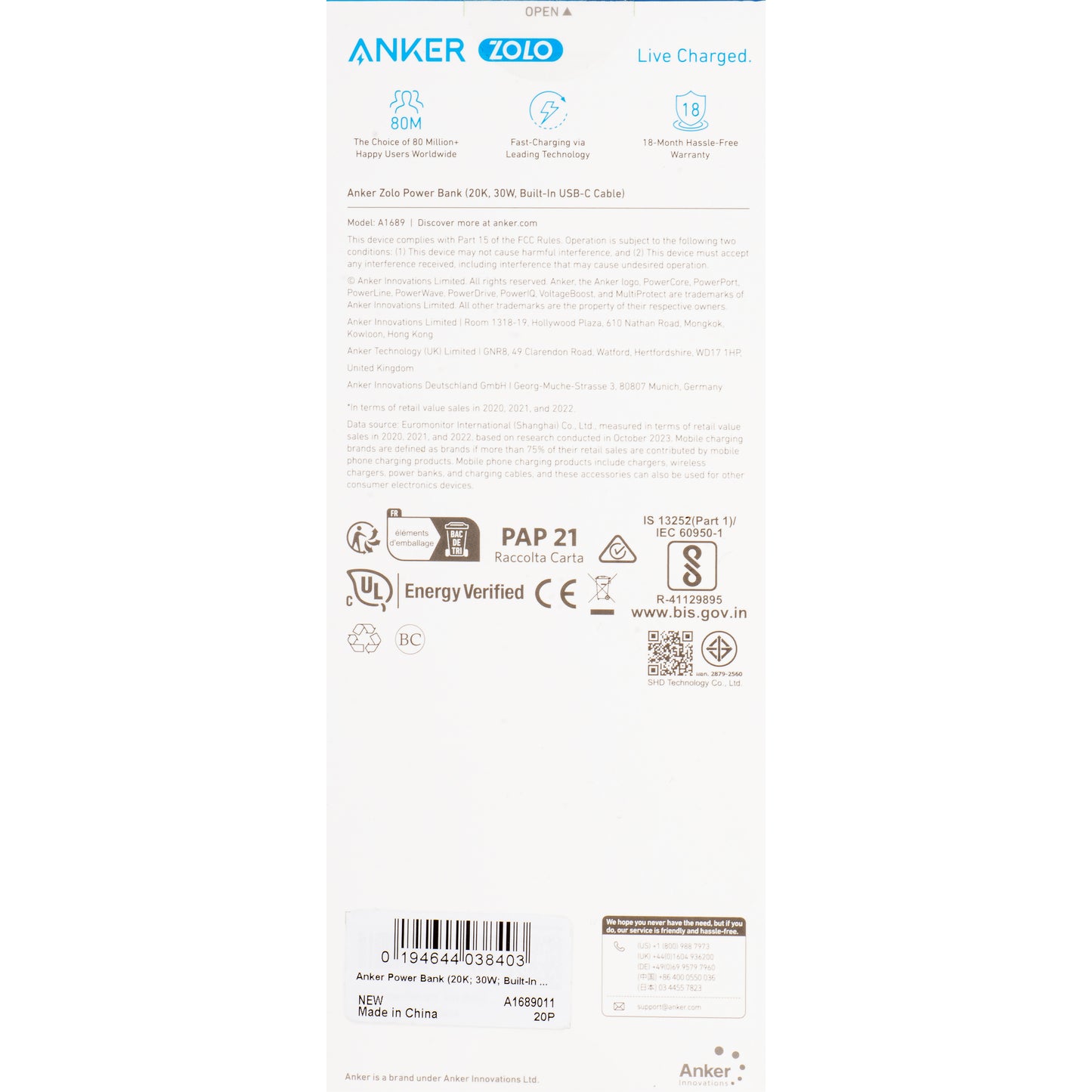 Anker Zolo External Battery, 20000mAh, 30W, QC + PD, 1 x USB-A - 2 x USB-C, Black A1689011