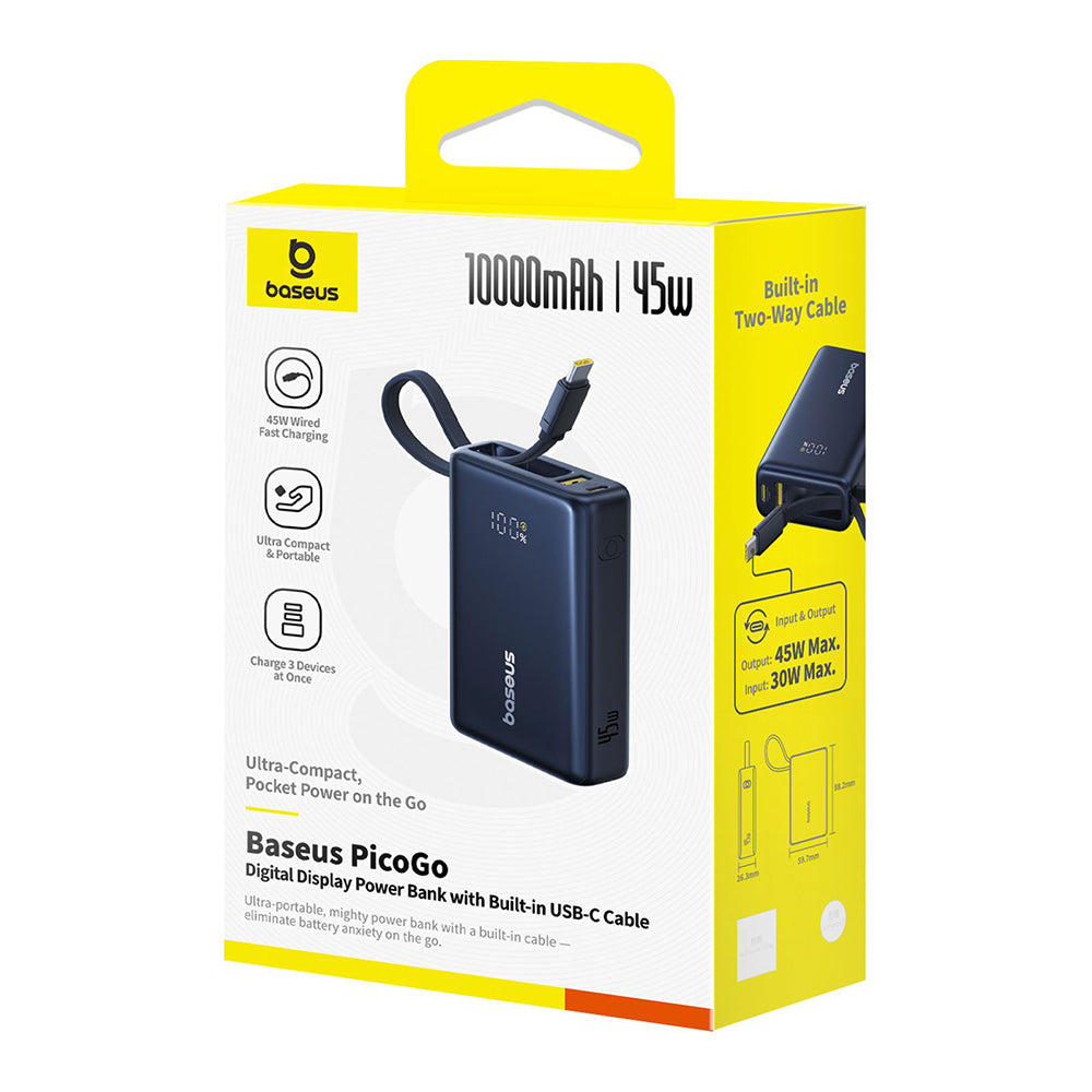 Baseus PicoGo External Battery, 10000mAh, 45W, QC + PD, 1 x USB-A - 2 x USB-C, Black P10076803123-00