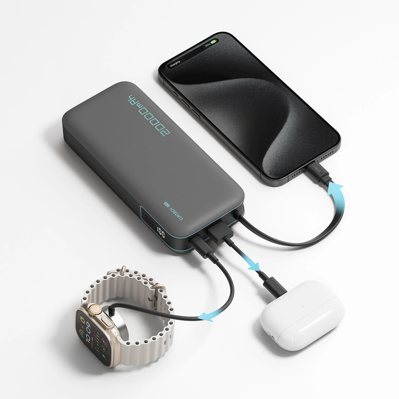 Batterie Externe Cuktech, 20000mAh, 55W, QC + PD, 1 x USB-A - 2 x USB-C, Gris CUKP200NGLDG