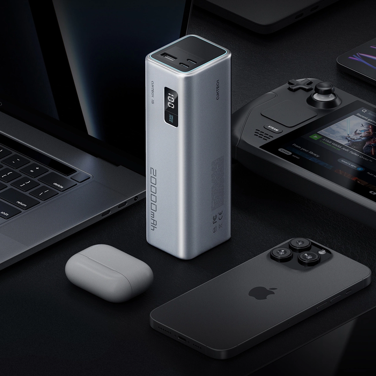 Batterie Externe Cuktech, 20000mAh, 100W, QC + PD, 1 x USB-A - 2 x USB-C, Gris CUKP200XGLGR