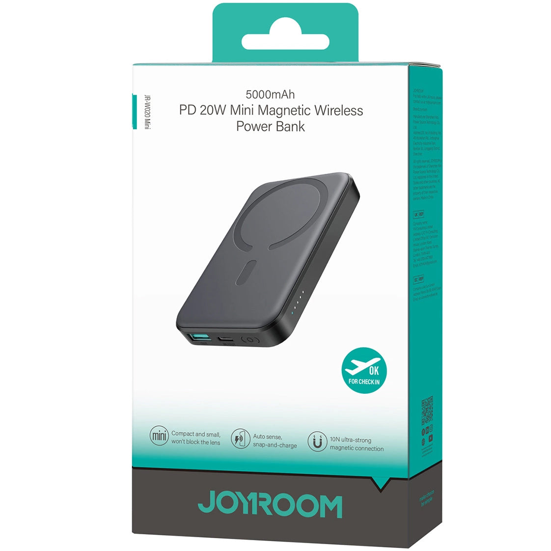 Batterie Externe Sans Fil Joyroom JR-W020 Mini, 5000mAh, 20W, QC + PD + FQI, 1 x QI - 1 x USB-A - 1 x USB-C, Noire