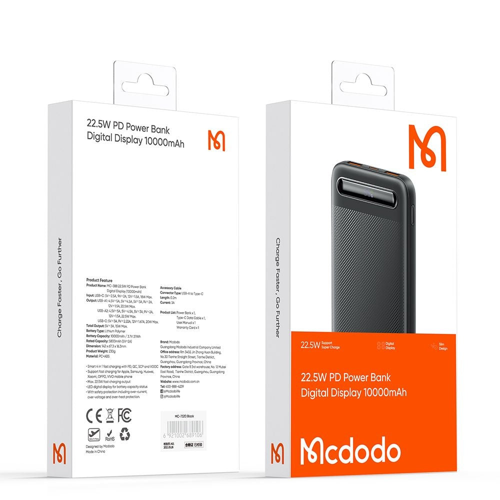 Batterie Externe McDodo MC-3881 Star, 10000mAh, 22.5W, QC + PD, 2 x USB-A - 1 x USB-C, Noire