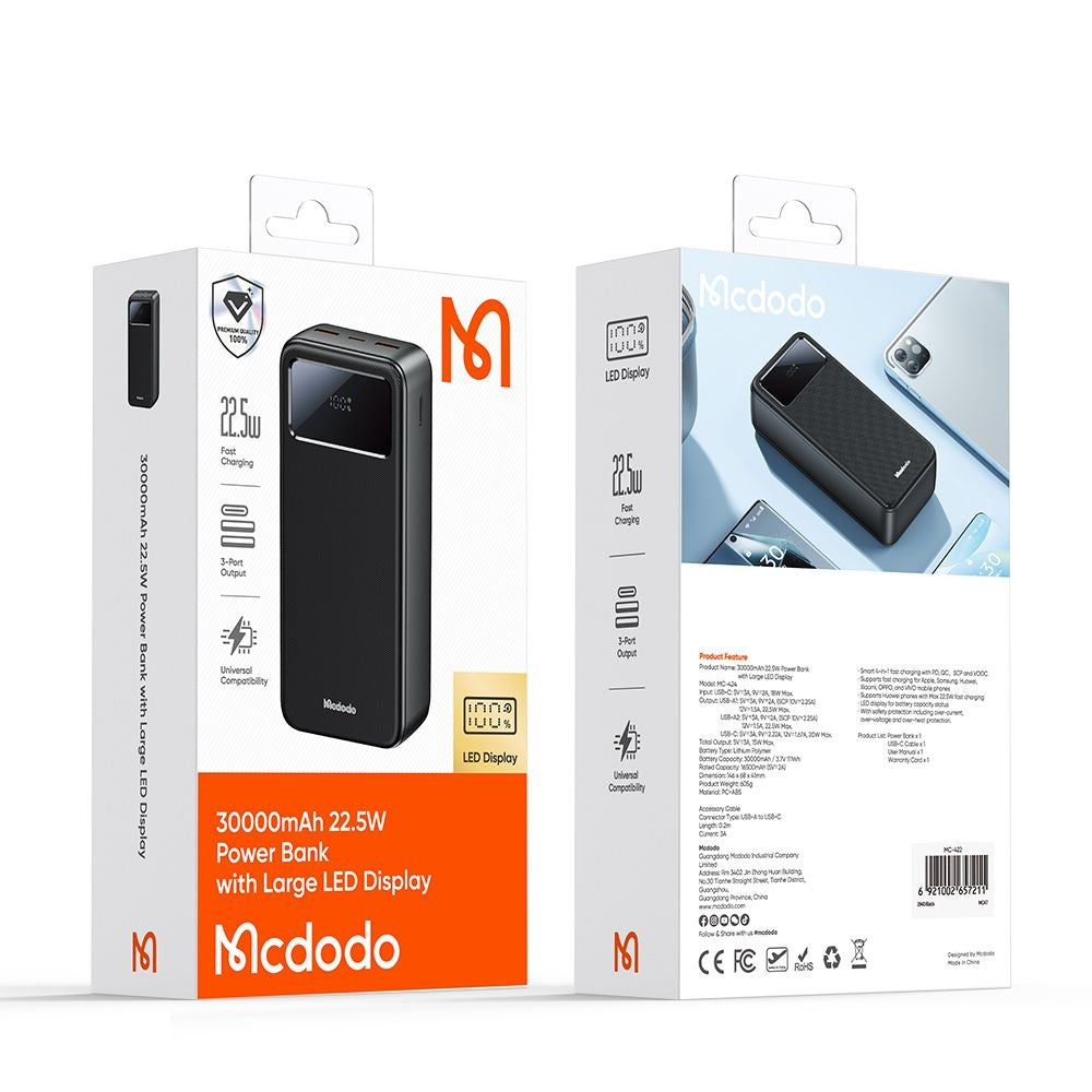 Batterie Externe McDodo MC-4240, 30000mAh, 22.5W, QC + PD, 2 x USB-A - 1 x USB-C, Noire