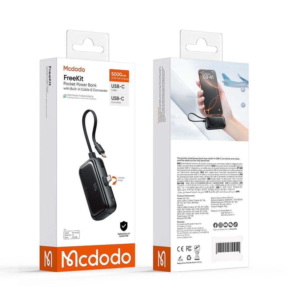 Batterie Externe McDodo MC-7760 Freekit, 5000mAh, 22.5W, PD, 3 x USB-C, Noire