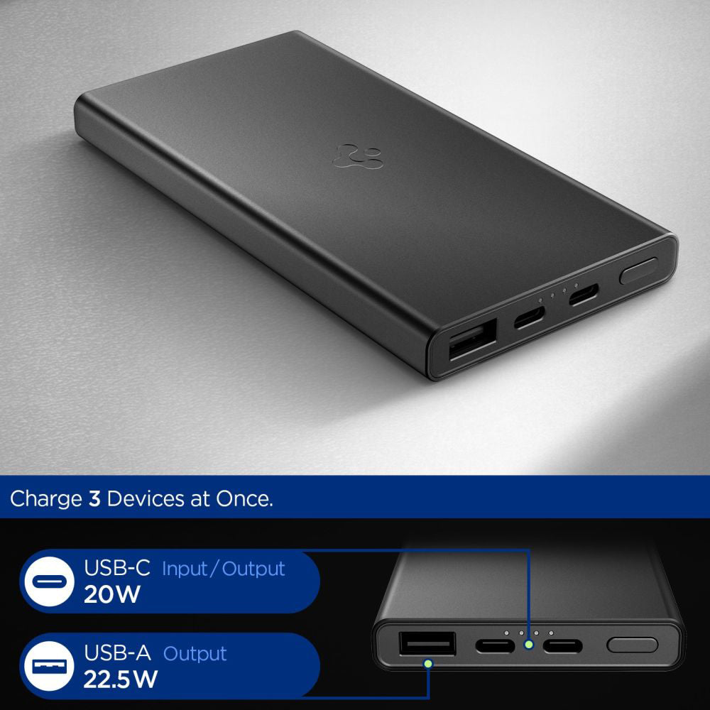 Batterie Externe Spigen Essential, 10000mAh, 22.5W, QC + PD, 1 x USB-A - 2 x USB-C, Noire