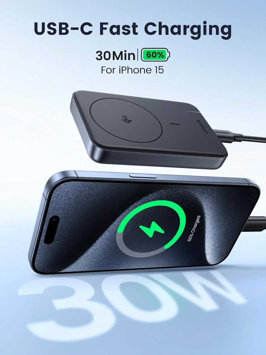 Batterie Externe UGREEN PB761, 10000mAh, 30W, PD + FQI, 1 x QI - 1 x USB-C, Gris