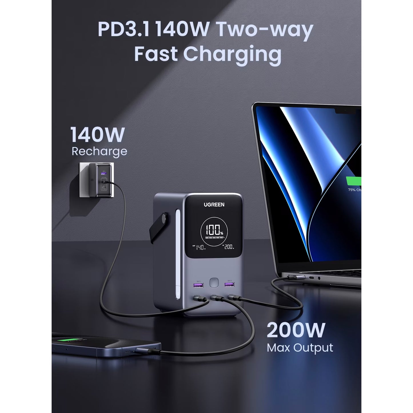 Batterie Externe UGREEN PB770, 48000mAh, 300W, QC + PD, 2 x USB-A - 3 x USB-C, Gris
