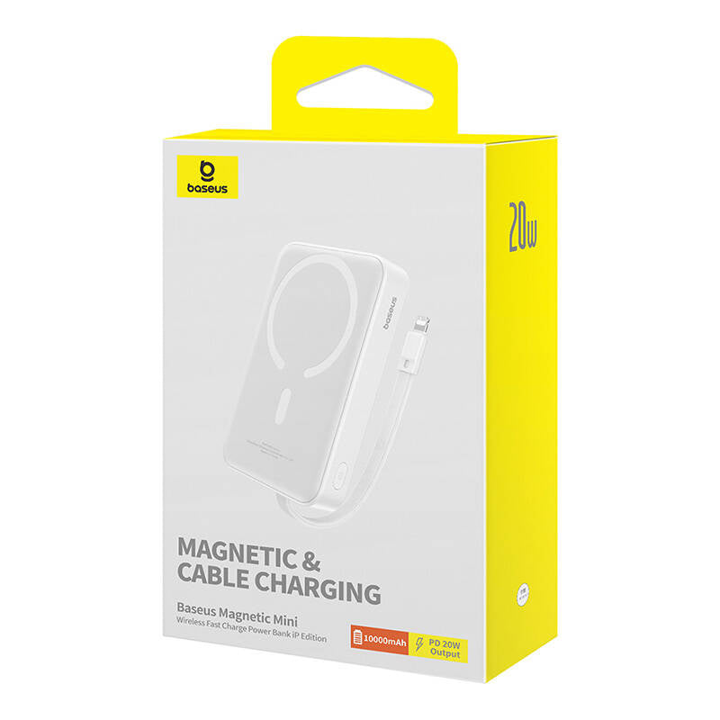 Batterie Externe Sans Fil Baseus Magnetic Mini, 10000mAh, 20W, PD + FQI, 1 x Lightning - 1 x QI - 1 x USB-C, Blanche P10022109223-00