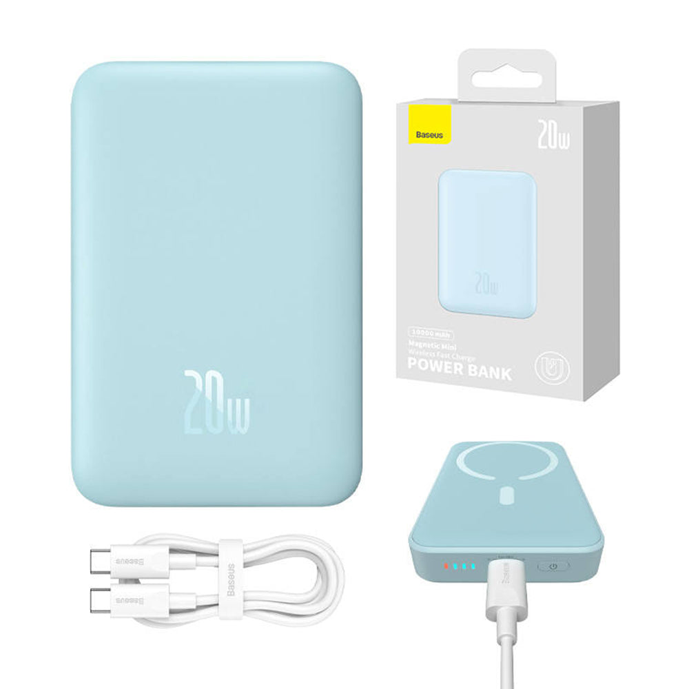 Batterie Externe Sans Fil Baseus Magnetic Mini, 10000mAh, 20W, PD + FQI, 1 x QI - 1 x USB-C, Bleue PPCX110103