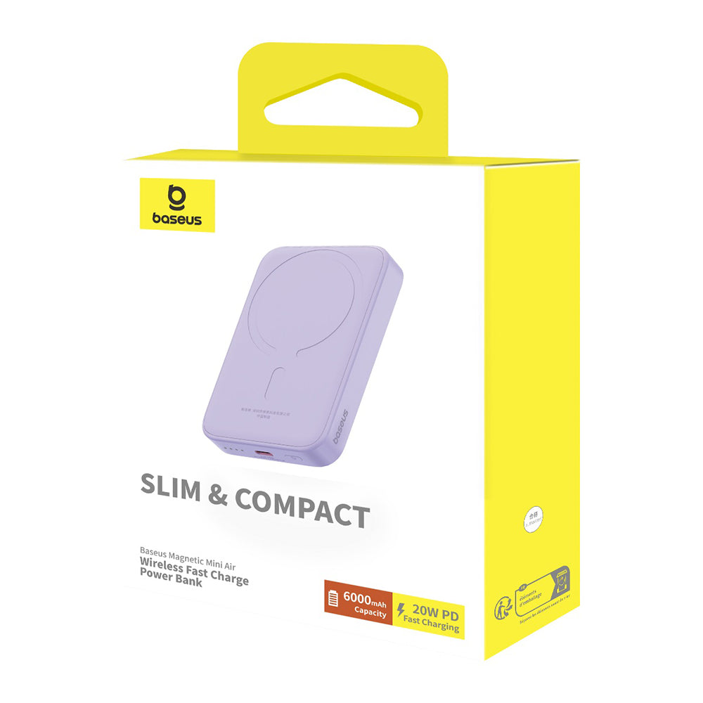 Batterie Externe Sans Fil Baseus Mini Air, 6000mAh, 20W, PD + FQI, 1 x QI - 1 x USB-C, Mauve P10059002513-00