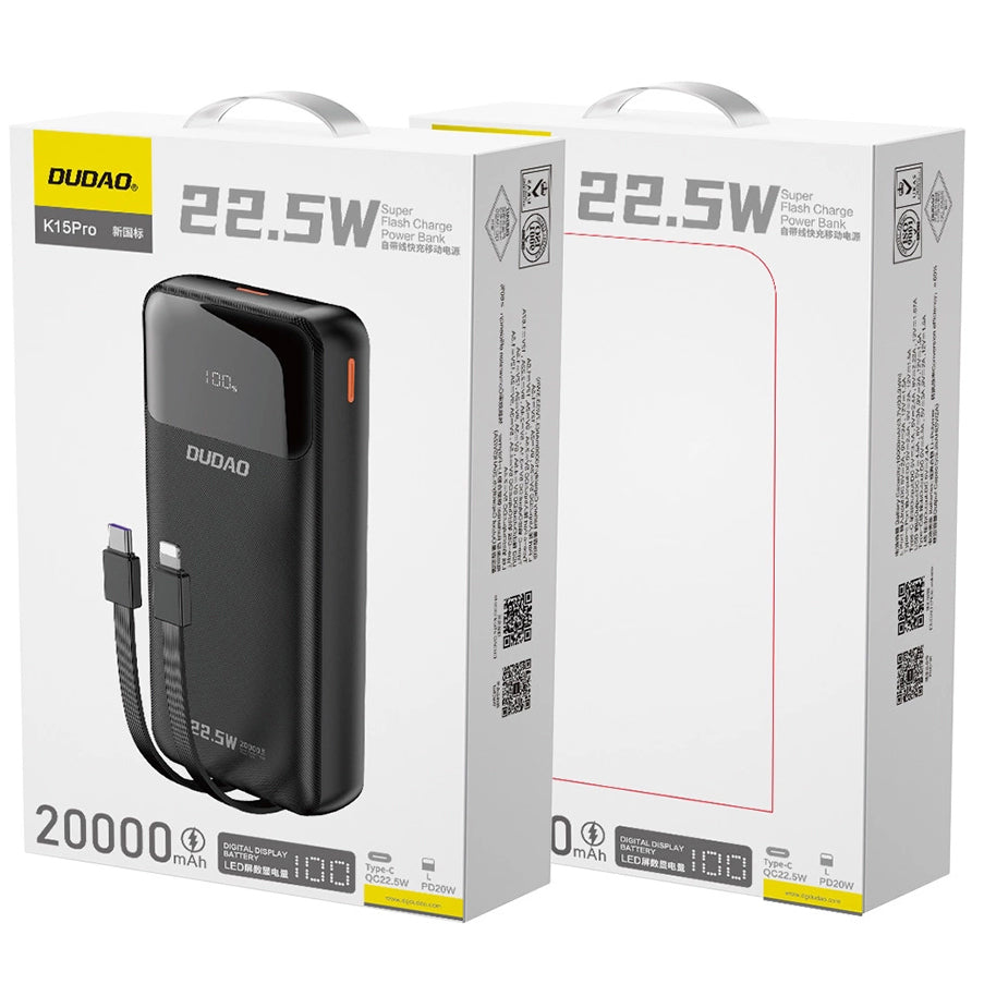 Batterie Externe Dudao K15Pro, 20000mAh, 22.5W, QC + PD, 1 x Lightning - 1 x USB-A - 2 x USB-C, Noire