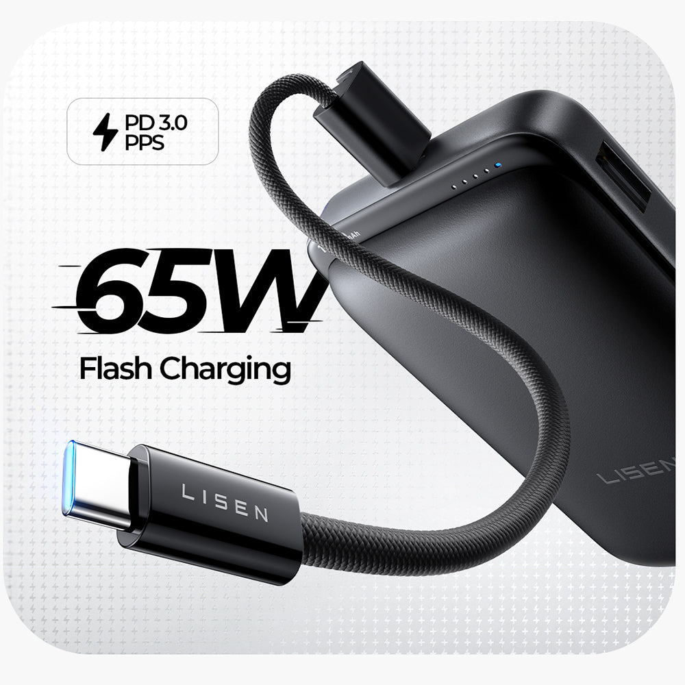 Batterie Externe Sans Fil Lisen P604, 10000mAh, 65W, QC + PD + FQI, 1 x QI - 1 x USB-A - 1 x USB-C, Noire
