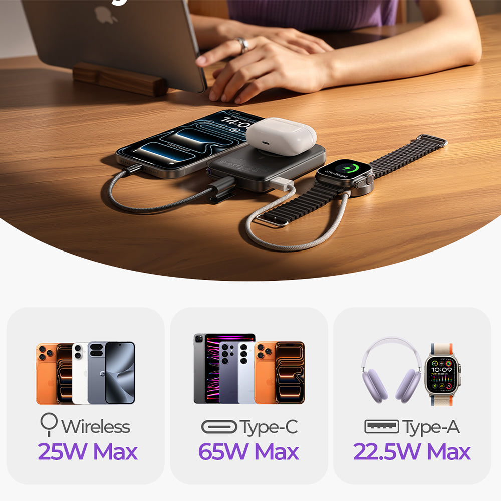 Batterie Externe Sans Fil Lisen P604, 10000mAh, 65W, QC + PD + FQI, 1 x QI - 1 x USB-A - 1 x USB-C, Noire