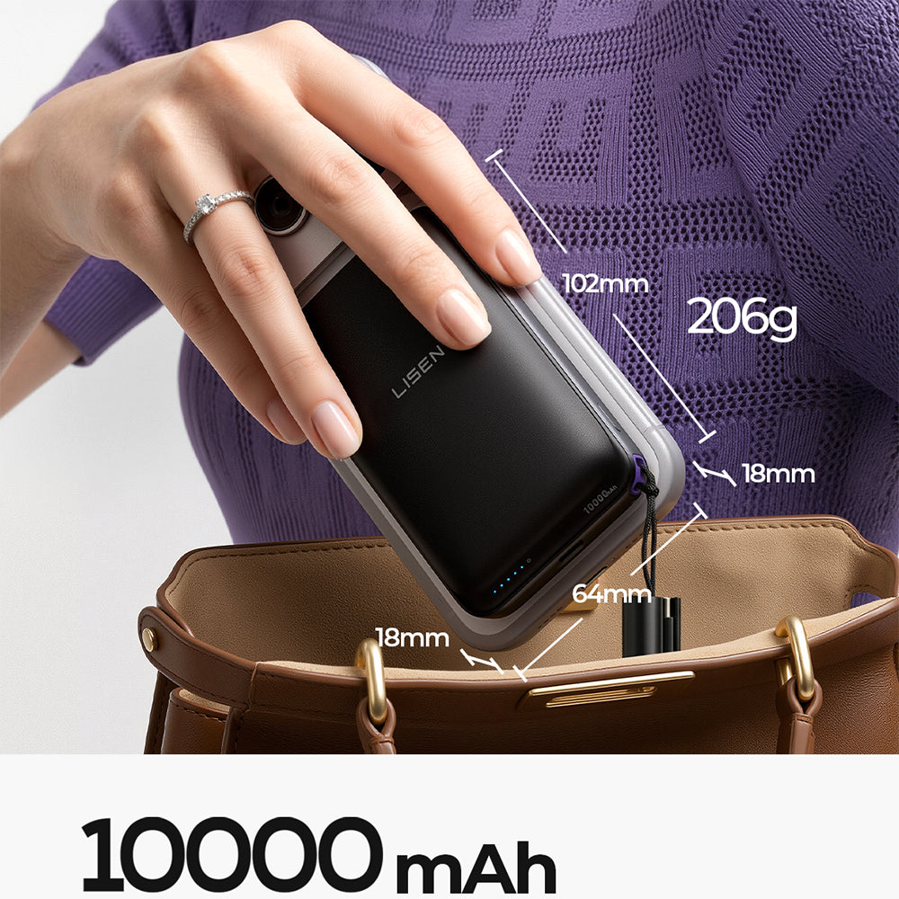 Batterie Externe Sans Fil Lisen P604, 10000mAh, 65W, QC + PD + FQI, 1 x QI - 1 x USB-A - 1 x USB-C, Noire