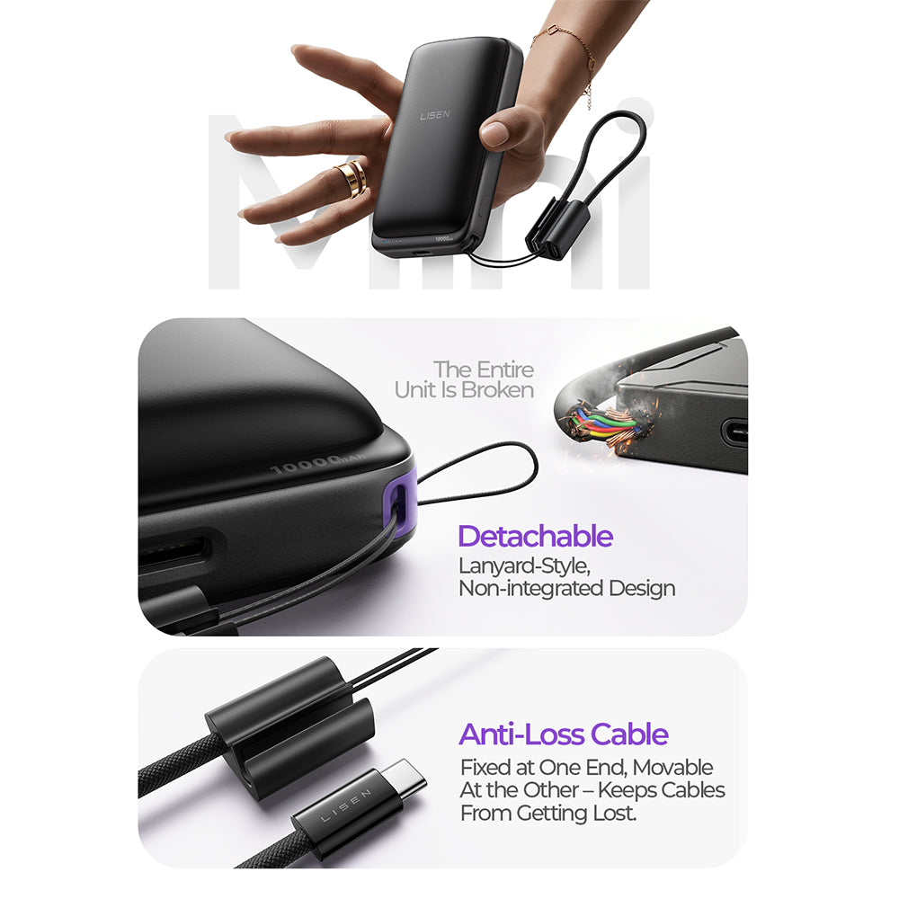 Batterie Externe Sans Fil Lisen P604, 10000mAh, 65W, QC + PD + FQI, 1 x QI - 1 x USB-A - 1 x USB-C, Noire