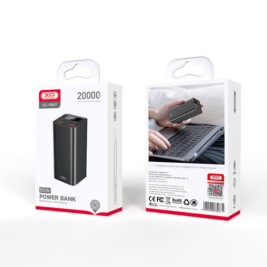 Batterie Externe XO Design PB97, 20000mAh, 65W, QC + PD, 2 x USB-A - 2 x USB-C, Noire