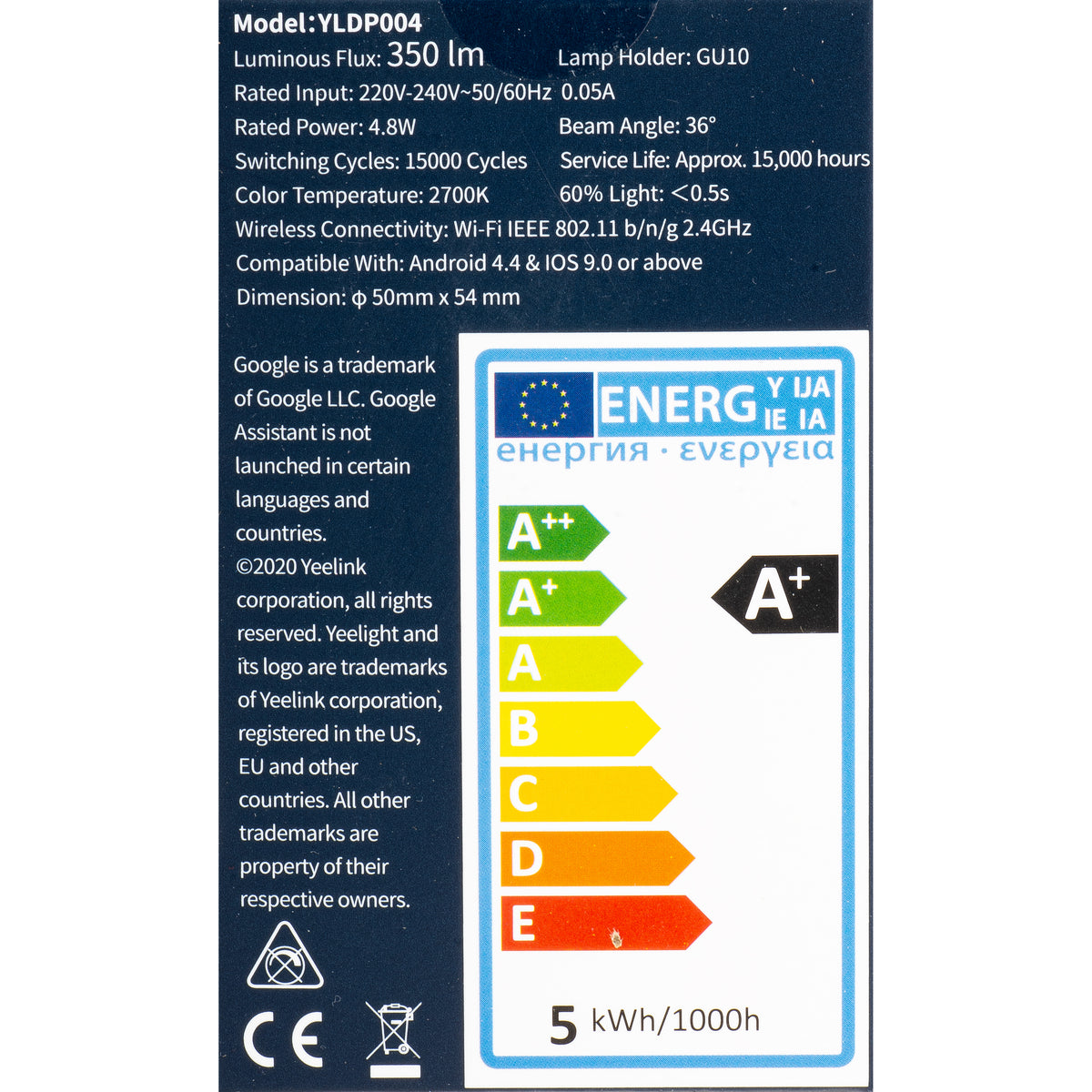 Ampoule LED Yeelight W1, Wi-Fi, GU10, 4.8W, 2700K, 350lm YLDP004
