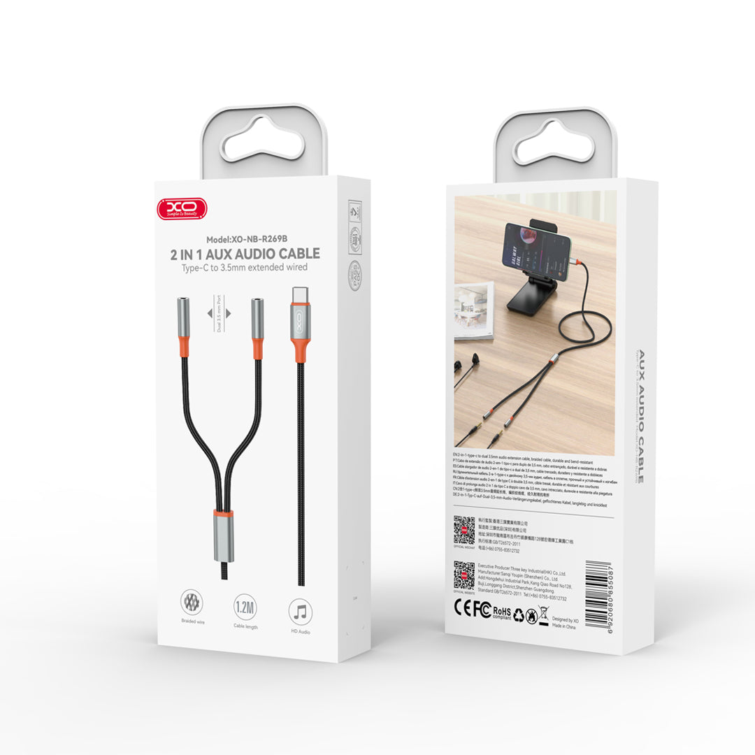 Câble Audio Splitter USB-C - 2 x 3.5mm XO Design NB-R269B 2in1, 1.2m, Noir