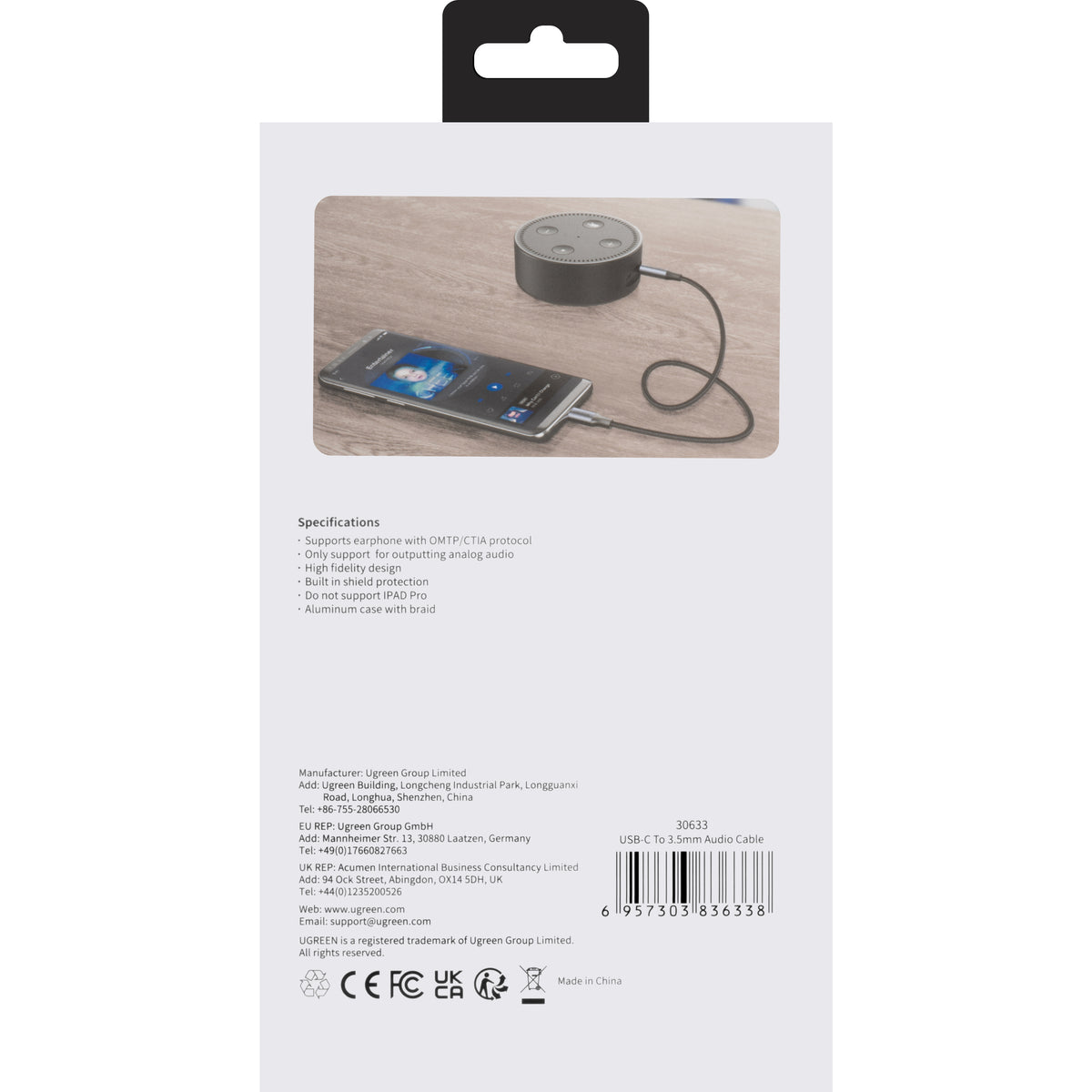Câble Audio USB-C - 3.5mm UGREEN AV143, 1m, Gris