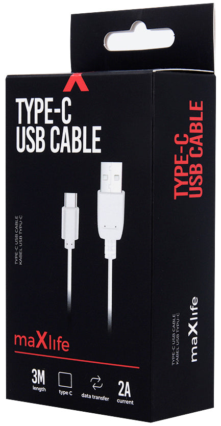Câble de données et de charge USB-A - USB-C MaXlife, 20W, 3m, Blanc