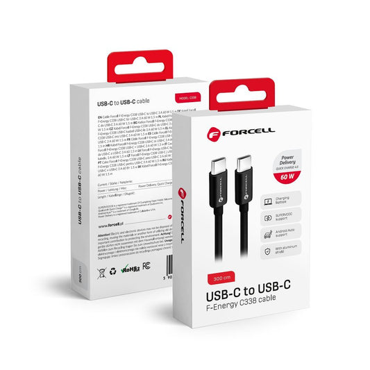 Câble de données et de charge USB-C - USB-C Forcell F-Energy C338, 60W, 3m, noir
