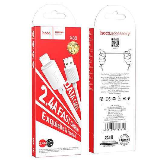 HOCO X88 Câble de données et de charge USB-A - Lightning HOCO X88, 18W, 1m, blanc