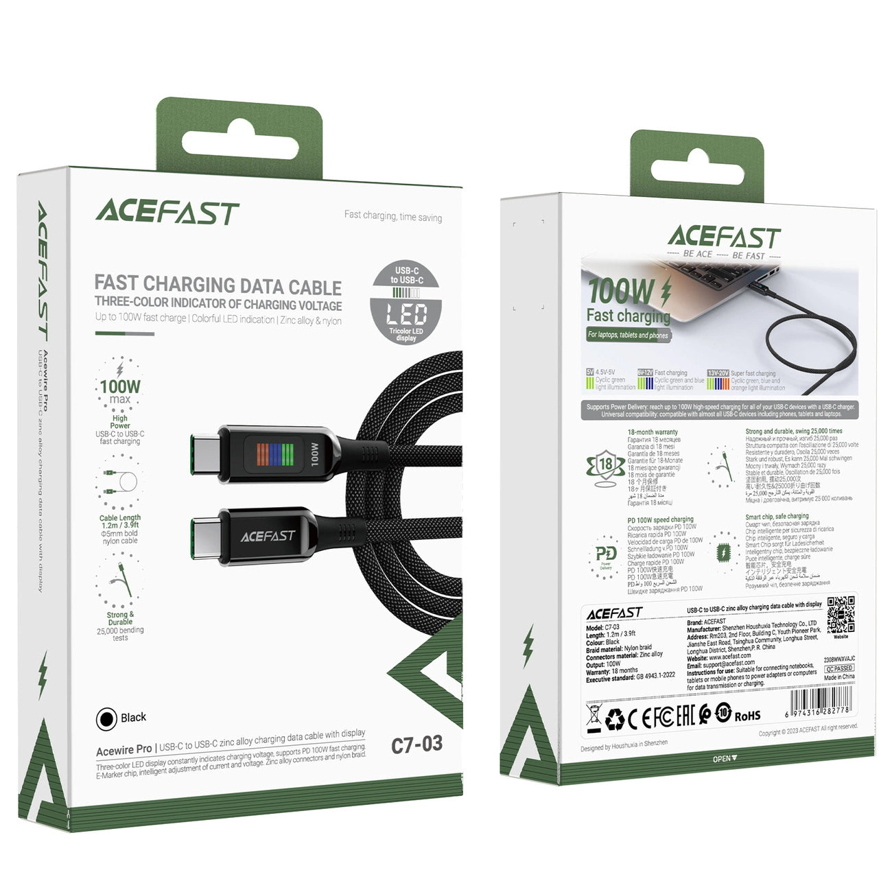 Câble de Données et de Charge USB-C - USB-C Acefast C7-03, 100W, 1.2m, Noir