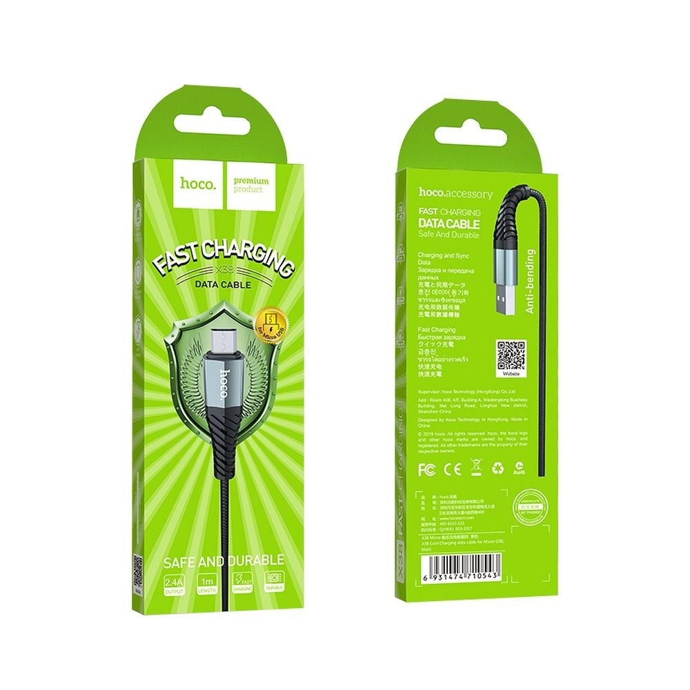 HOCO X38 Cool USB-A - microUSB Data and Charging Cable, 18W, 1m, noir