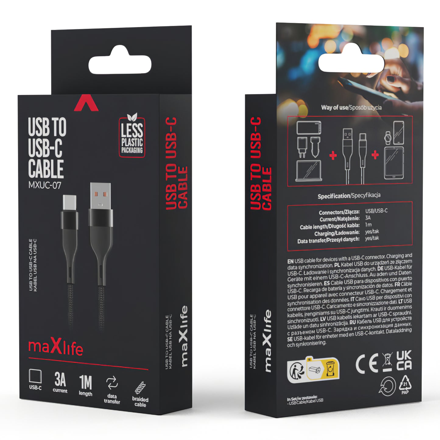 USB-A vers USB-C MaXlife MXUC-07, 20W, 1m, noir