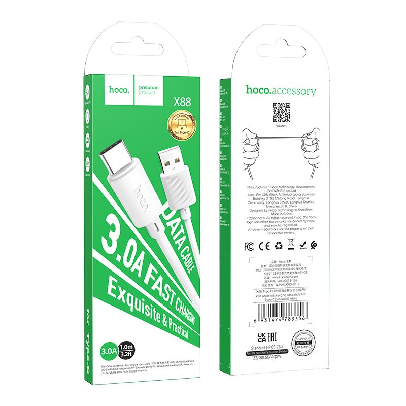 Câble de données et de charge USB-A - USB-C HOCO X88, 18W, 1m, blanc