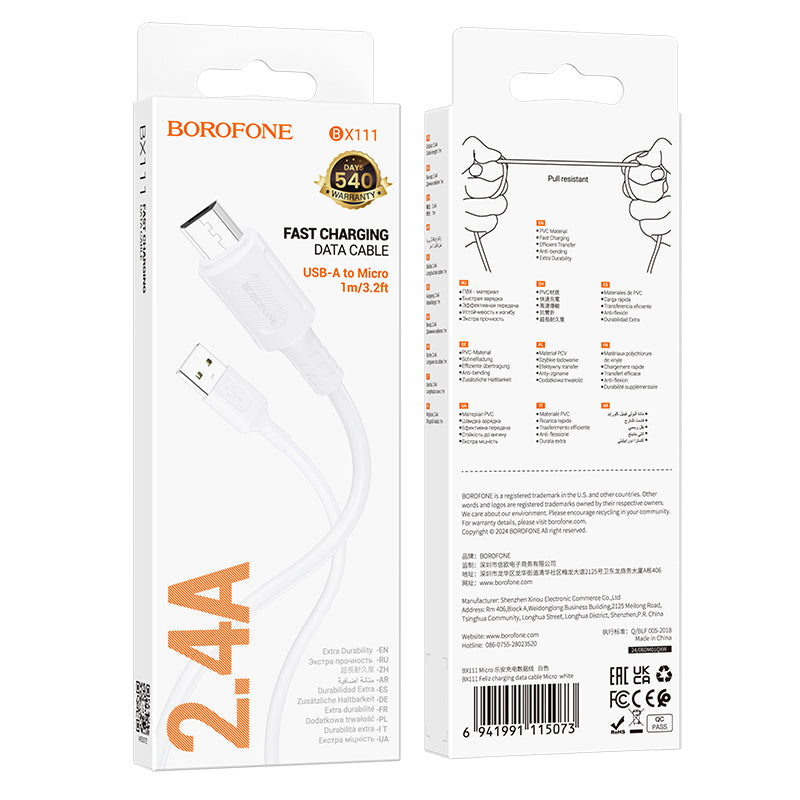 Câble de données et de charge USB-A - microUSB Borofone BX111 Feliz, 18W, 1m, blanc