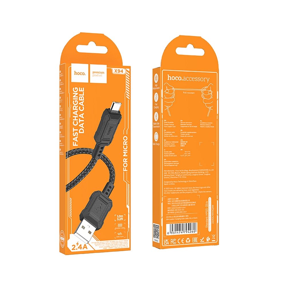 Câble de Données et de Charge USB-A - microUSB HOCO Leader X94, 18W, 1m, Noir