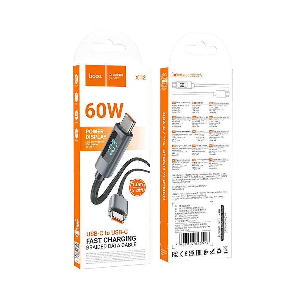 Câble de Données et de Charge USB-C - USB-C HOCO Display X112, 60W, 1m, Noir