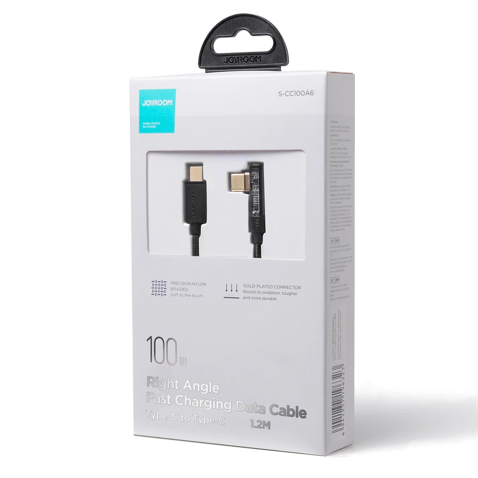 Câble de Données et de Charge USB-C - USB-C Joyroom S-CC100A6 Angled, 100W, 1.2m, Noir