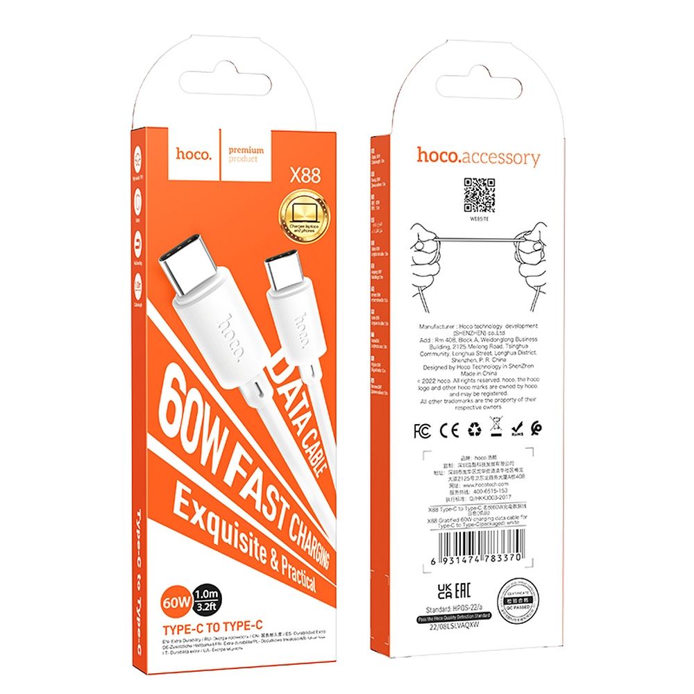 Câble de données et de charge USB-C - USB-C HOCO X88, 60W, 1m, blanc