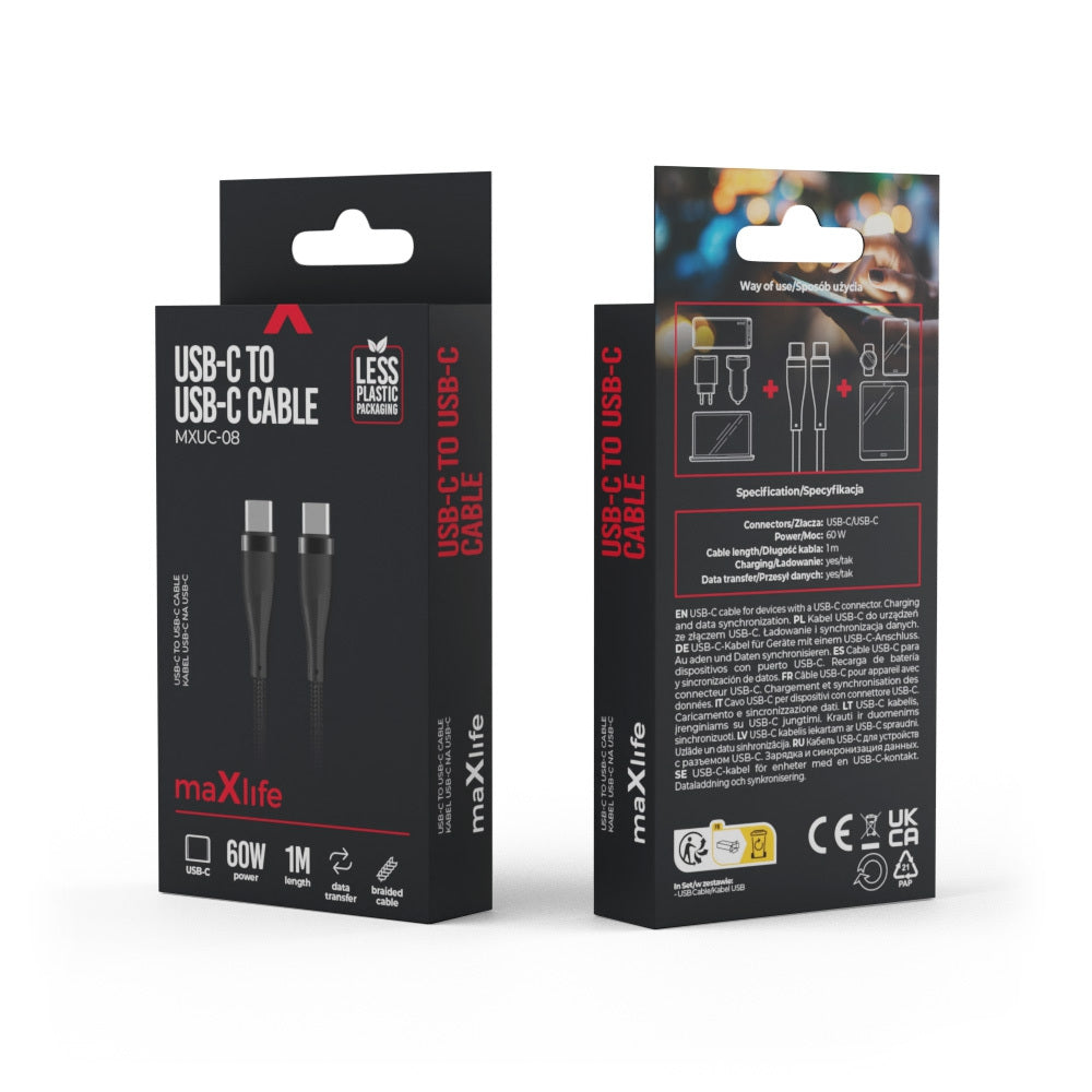 Câble de Données et de Charge USB-C - USB-C MaXlife MXUC-08, 60W, 1m, Noir