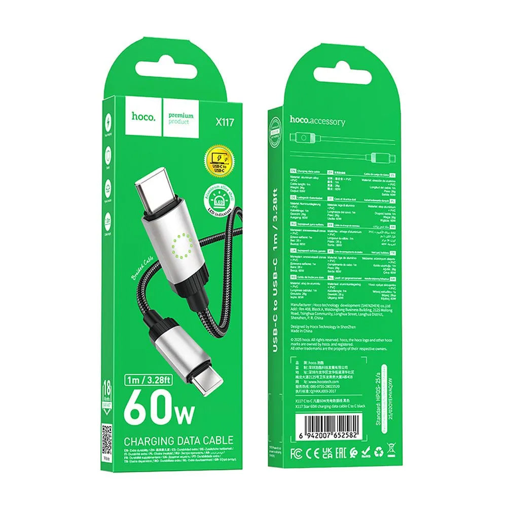 Câble de Données et de Charge USB-C - USB-C HOCO X117, 60W, 1m, Noir