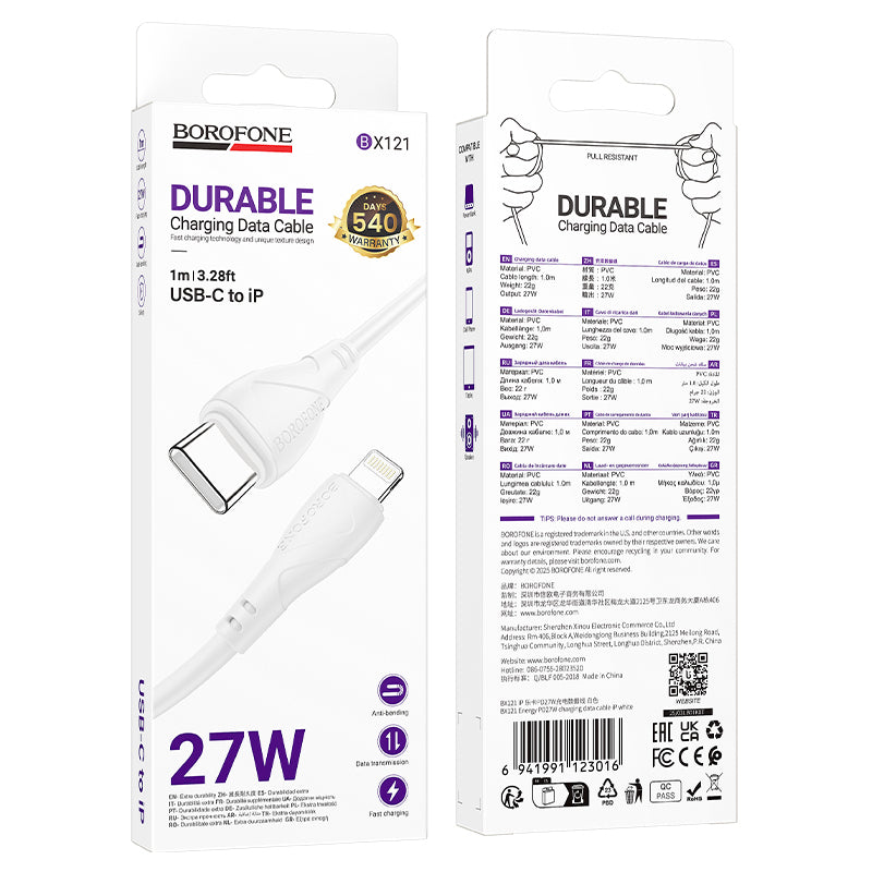 Câble de Données et de Charge USB-C - USB-C Borofone BX121 Energy, 60W, 1m, Blanc
