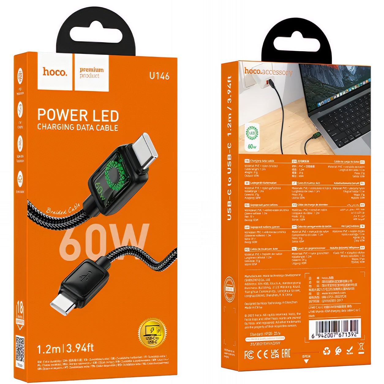 Câble de Données et de Charge USB-C - USB-C HOCO U146, 60W, 1.2m, Noir