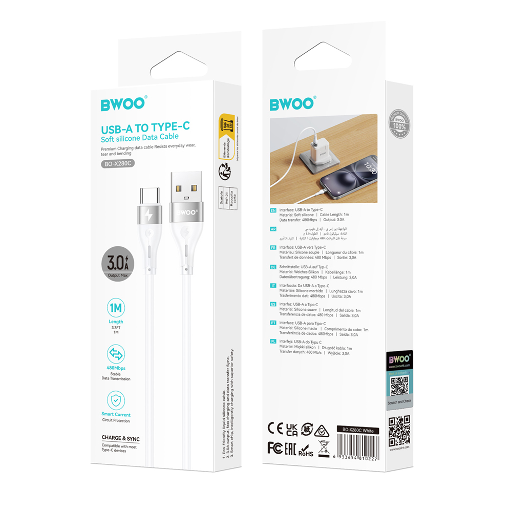 Câble de données et de charge USB-A - USB-C BWOO X280C, 15W, 1m, Blanc