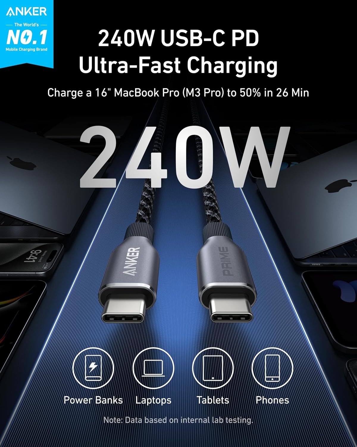 Câble de données et de charge USB-C - USB-C Anker Prime, 240 W, 0,9 m, noir A88E2011