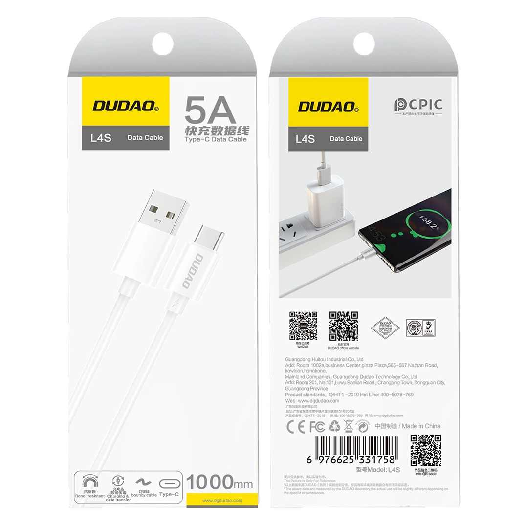 Câble de données et de charge USB-A - USB-C Dudao L4ST, 100W, 1m, Blanc